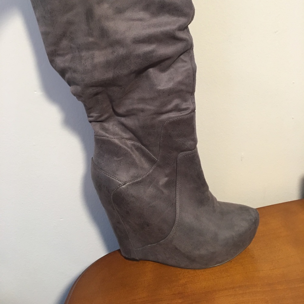 Jessica Simpson knee high gray wedge boots